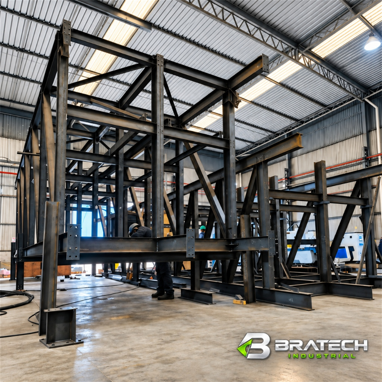 Estrutura metálica industrial em processo de fabricação na Bratech
